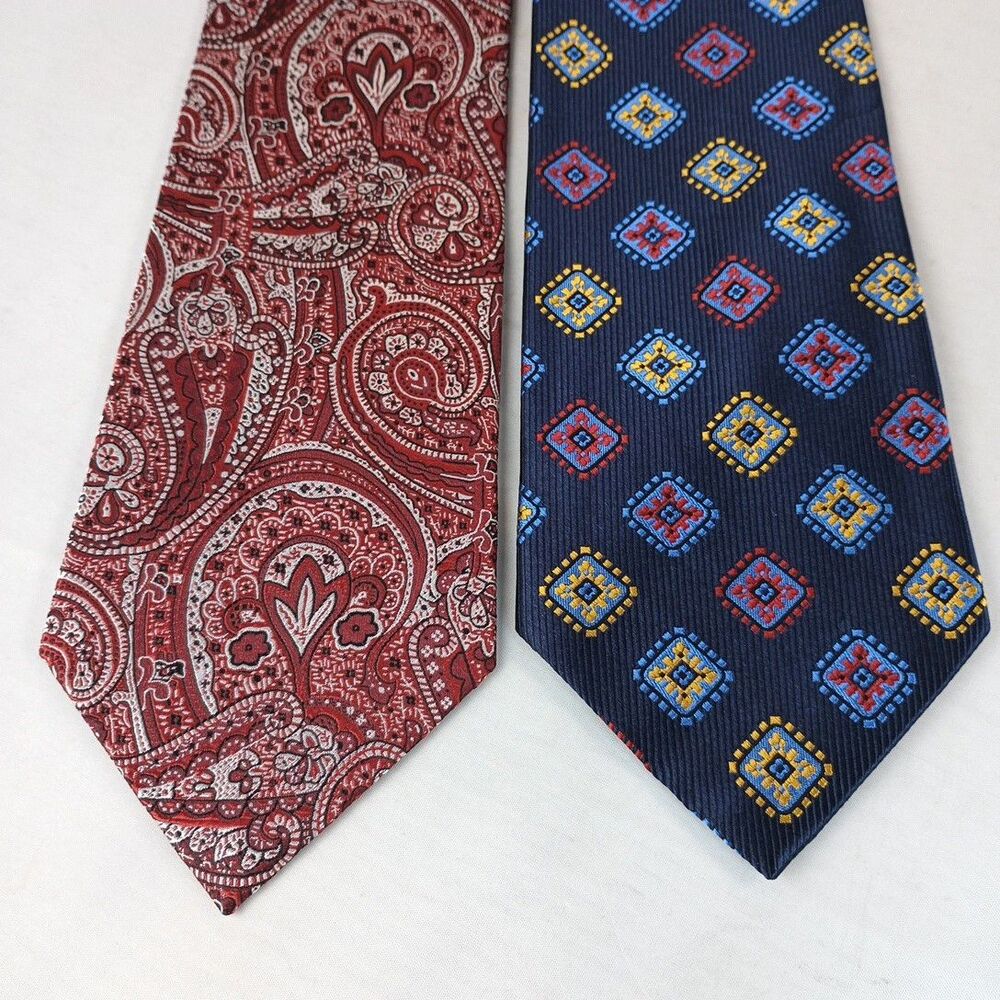 Lot Of 2 BRUNO PIATTELLI‎ Tie Jacquard Silk Hand Made 58" Blue Geo & Red Paisley